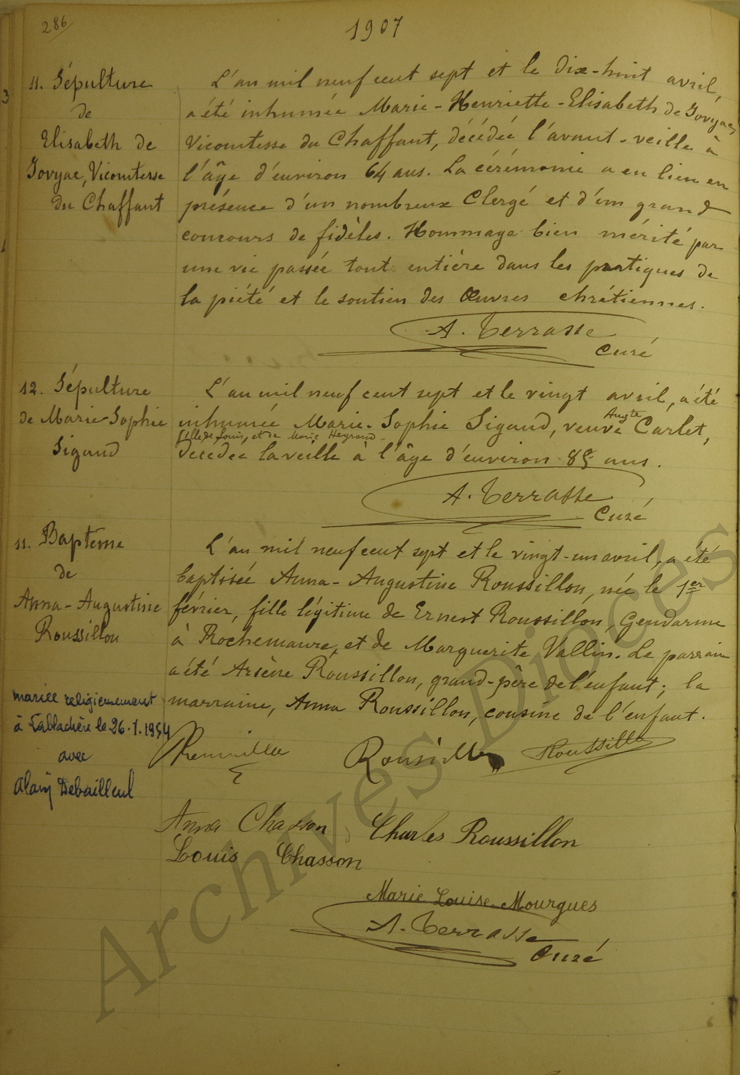 Acte paroissial sépulture Vicomtesse du Chaffaut