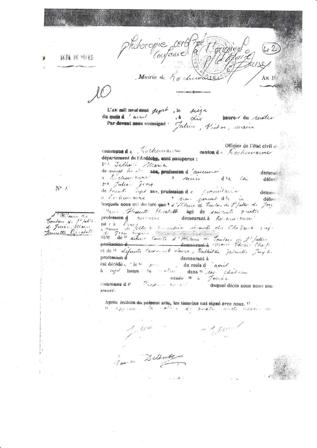 Vicomtesse du Chaffaut, acte de décès