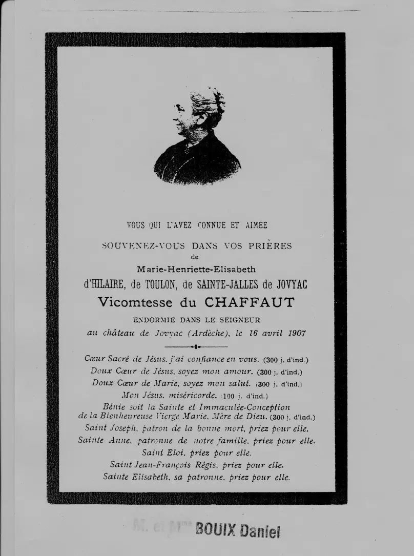 Annonce de décès de Marie-Henriette-Élisabeth d’Hilaire de Jovyac portant le titre Vicomtesse du Chaffaut et la date du 16 avril 1907