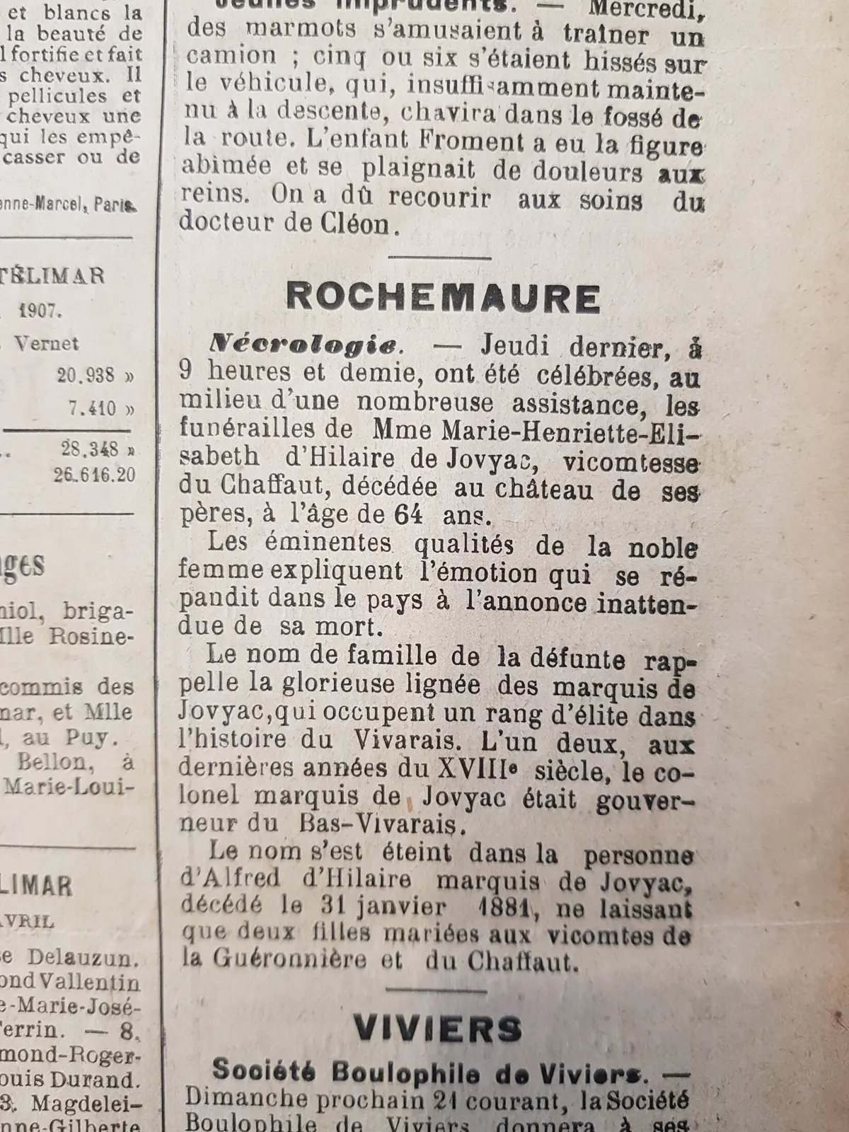 Extrait du Journal de Montélimar du 20 avril 1907 annonçant les obsèques de Marie-Henriette-Élisabeth d’Hilaire de Jovyac, vicomtesse du Chaffaut