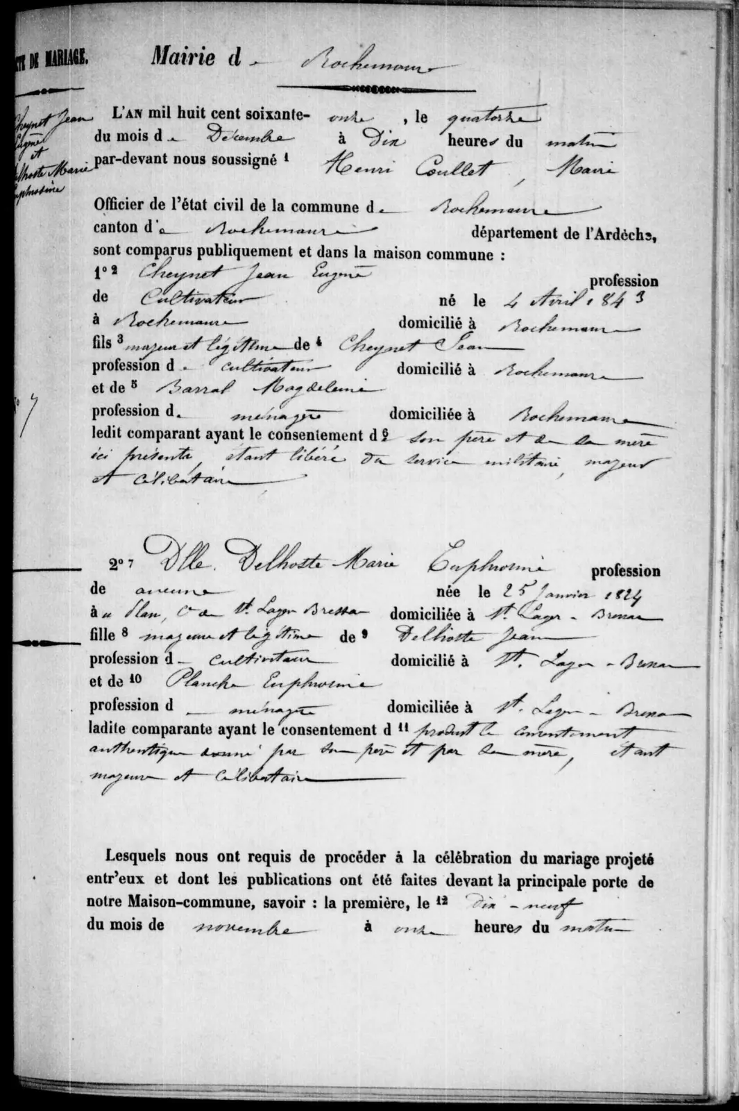 Double conservé aux Archives départementales de l’Ardèche de l’acte de mariage de Jean Eugène Cheynet et Marie Euphrasie Delhoste du 14 décembre 1871