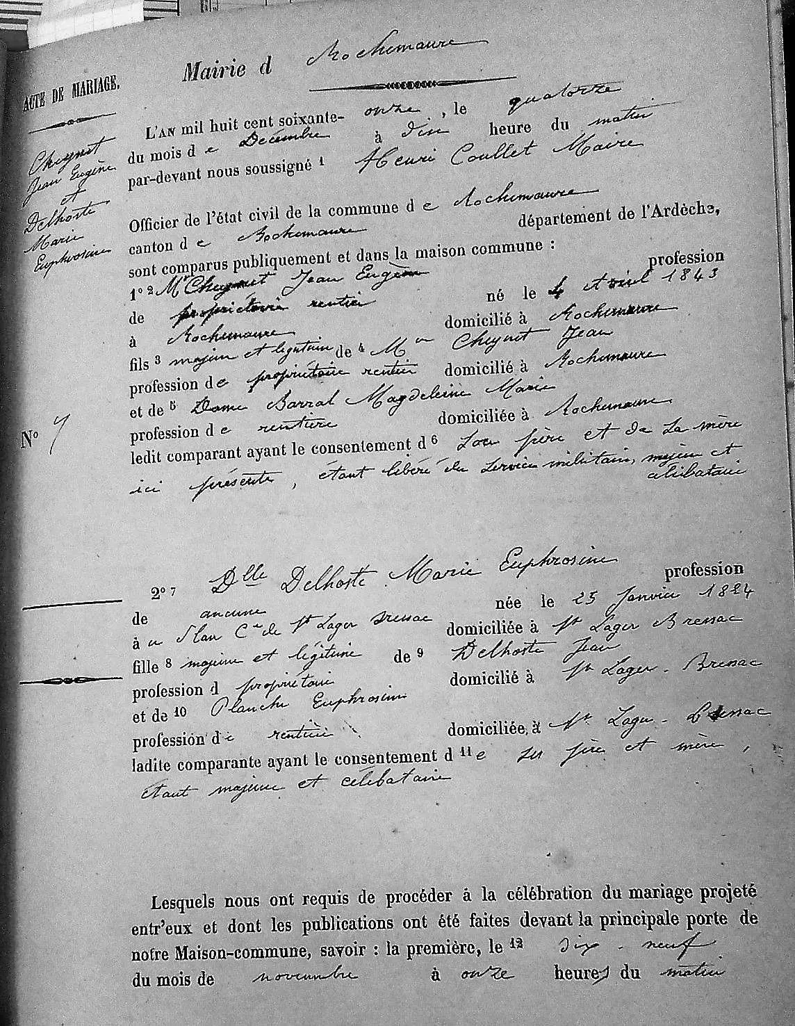Exemplaire communal de Rochemaure de l’acte de mariage de Jean Eugène Cheynet et Marie Euphrasie Delhoste du 14 décembre 1871