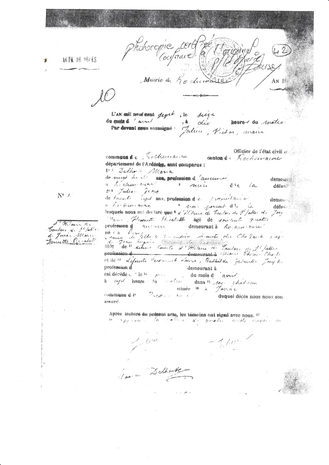 Photocopie contestée de l’acte de décès de la vicomtesse du Chaffaut