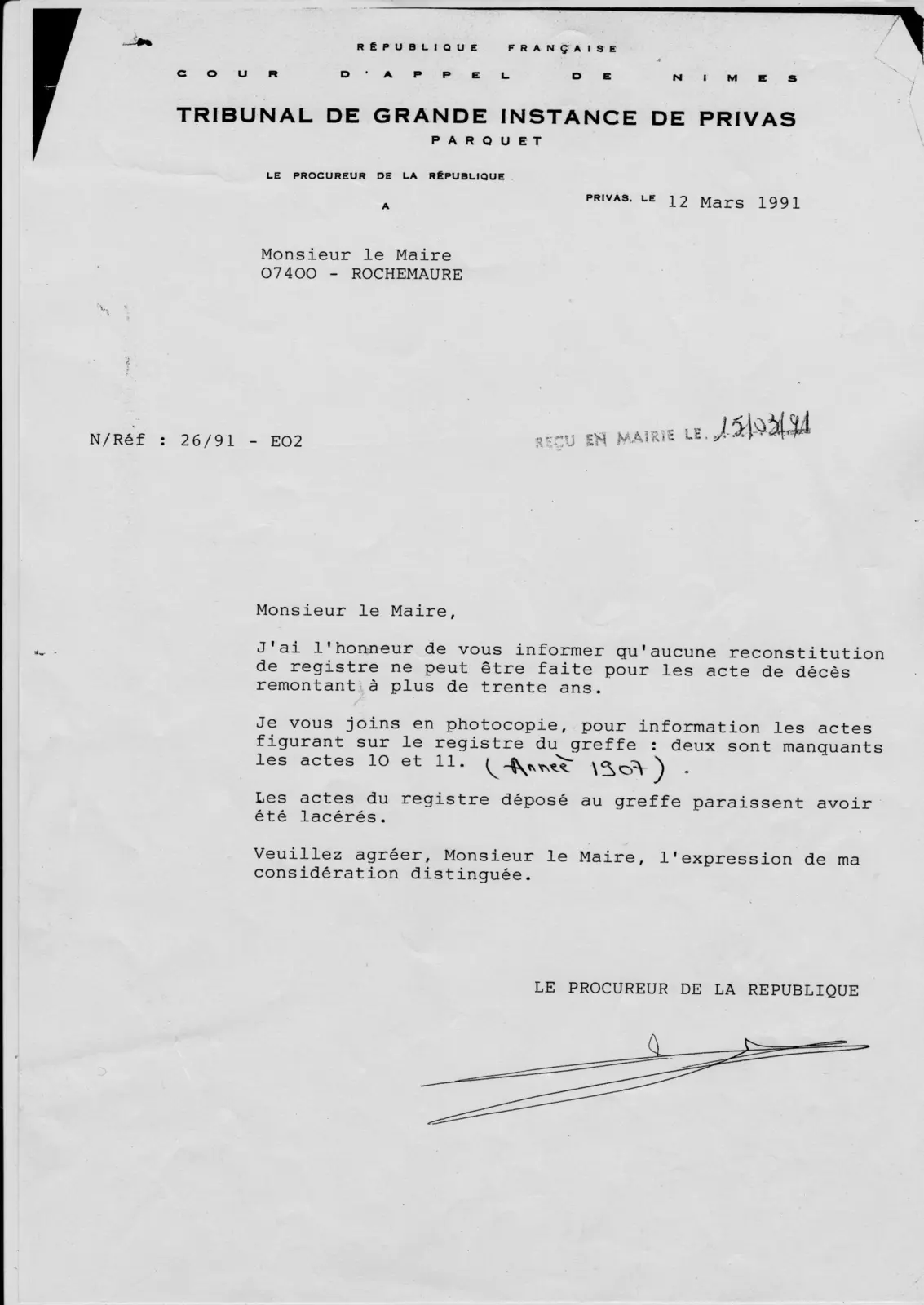 Lettre du procureur de la République à Privas du 12 mars 1991