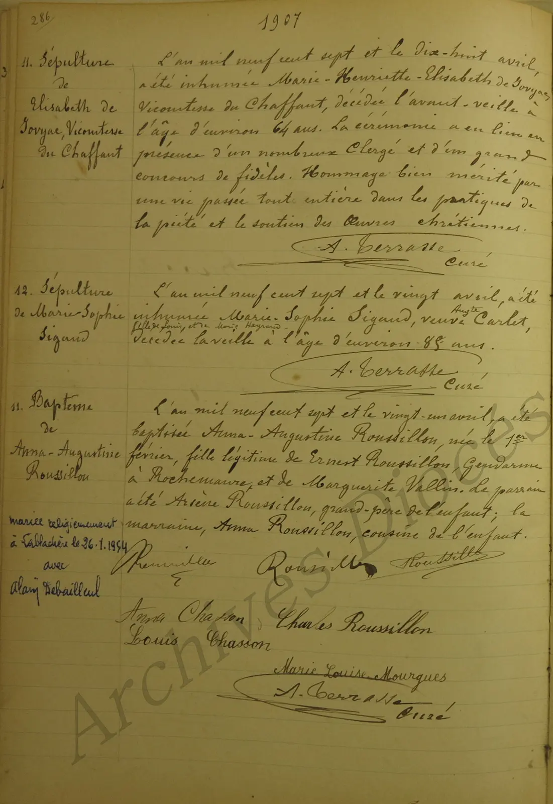 Acte paroissial de sépulture de la vicomtesse du Chaffaut daté du 18 avril 1907
