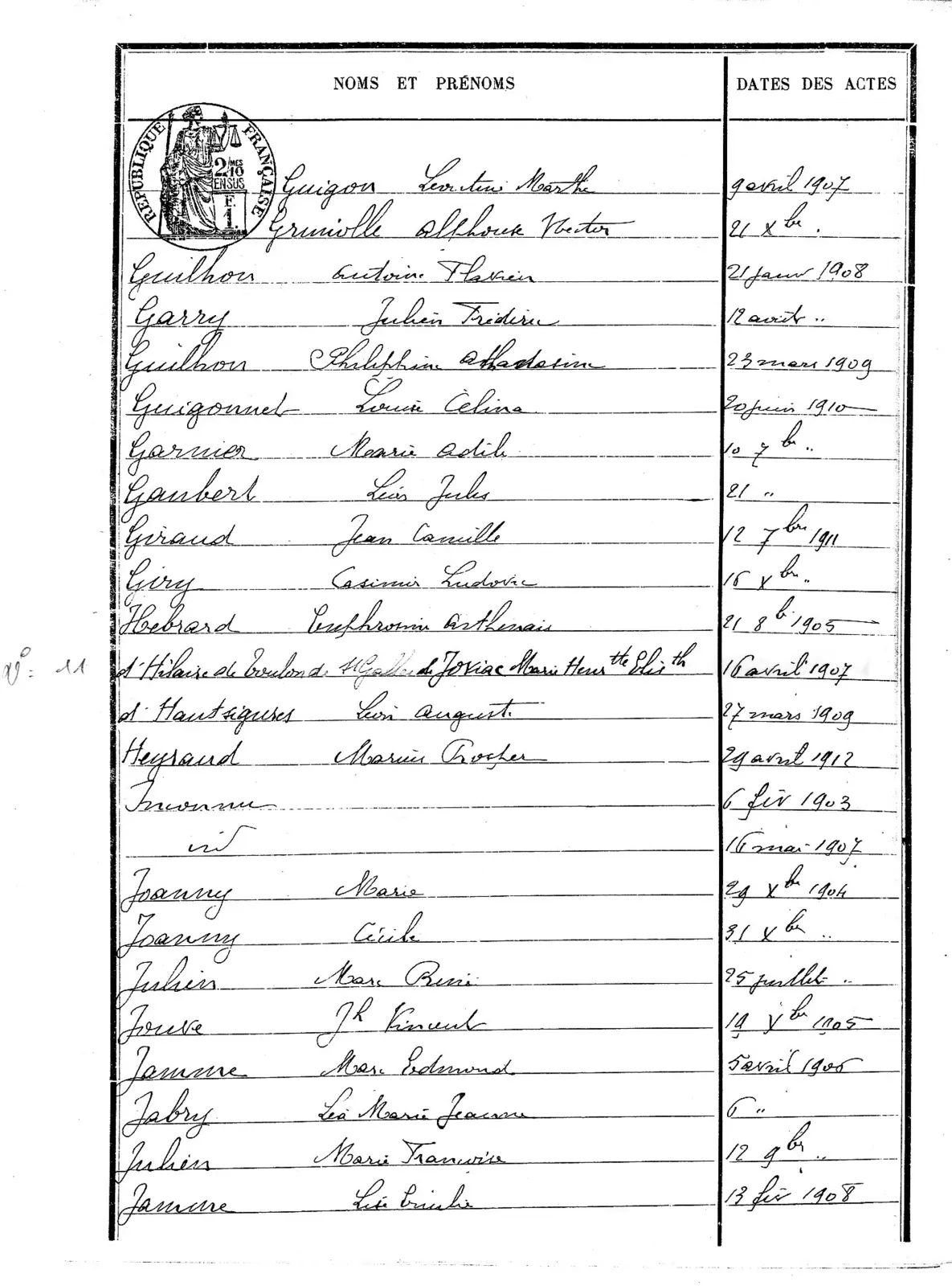 Table du greffe portant le numéro 11 en face du nom de Marie-Henriette-Élisabeth d’Hilaire de Jovyac et la date du 16 avril 1907