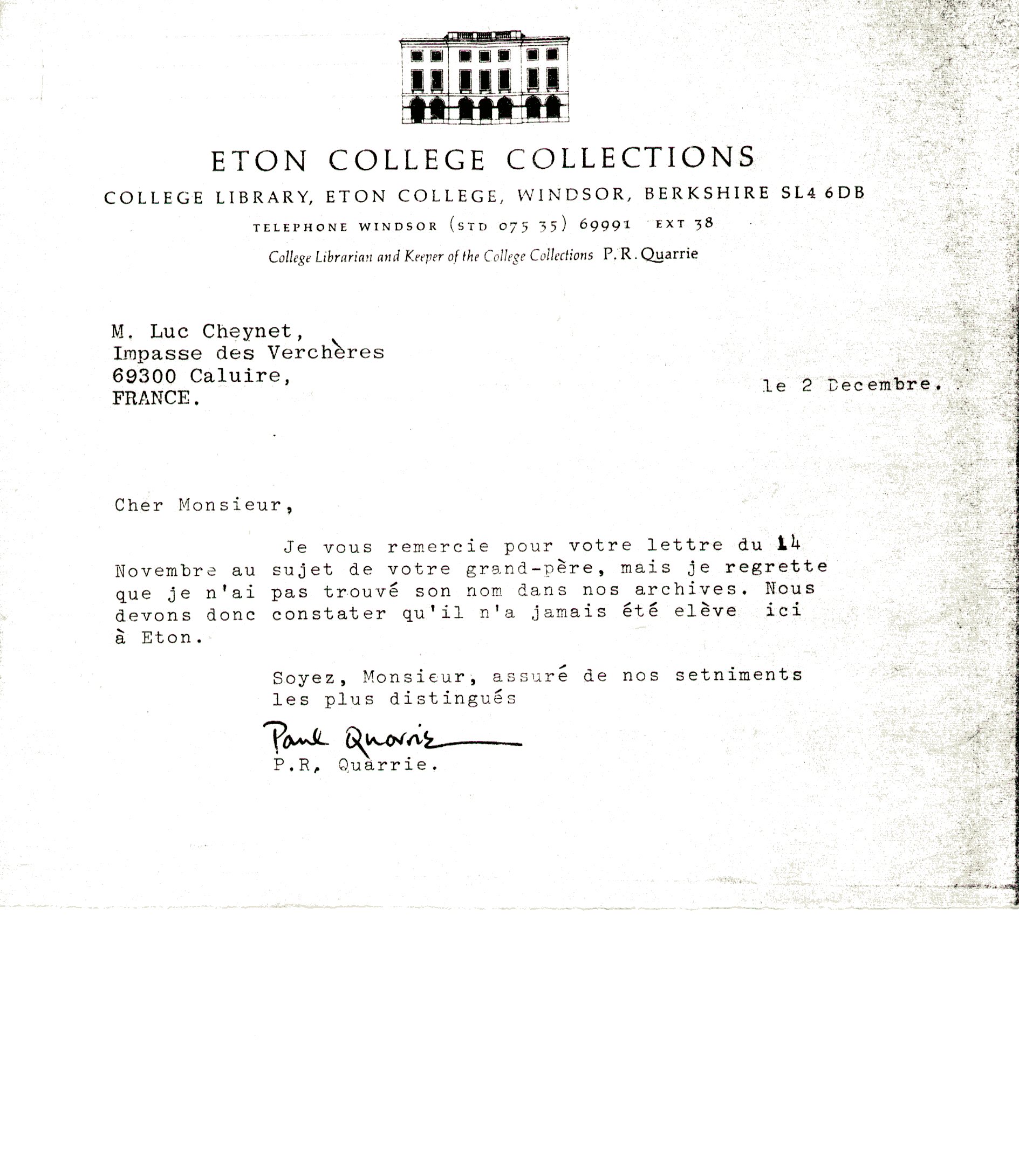 Lettre du collège d'Eaton